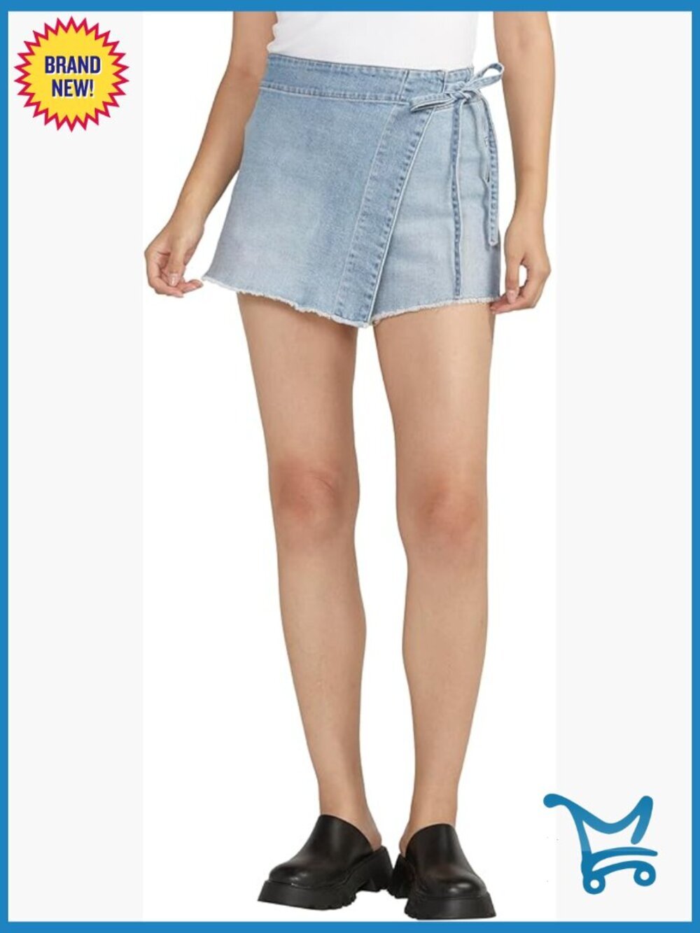 High Rise Jean Skort with Front Wrap Tie, Built-in Shorts